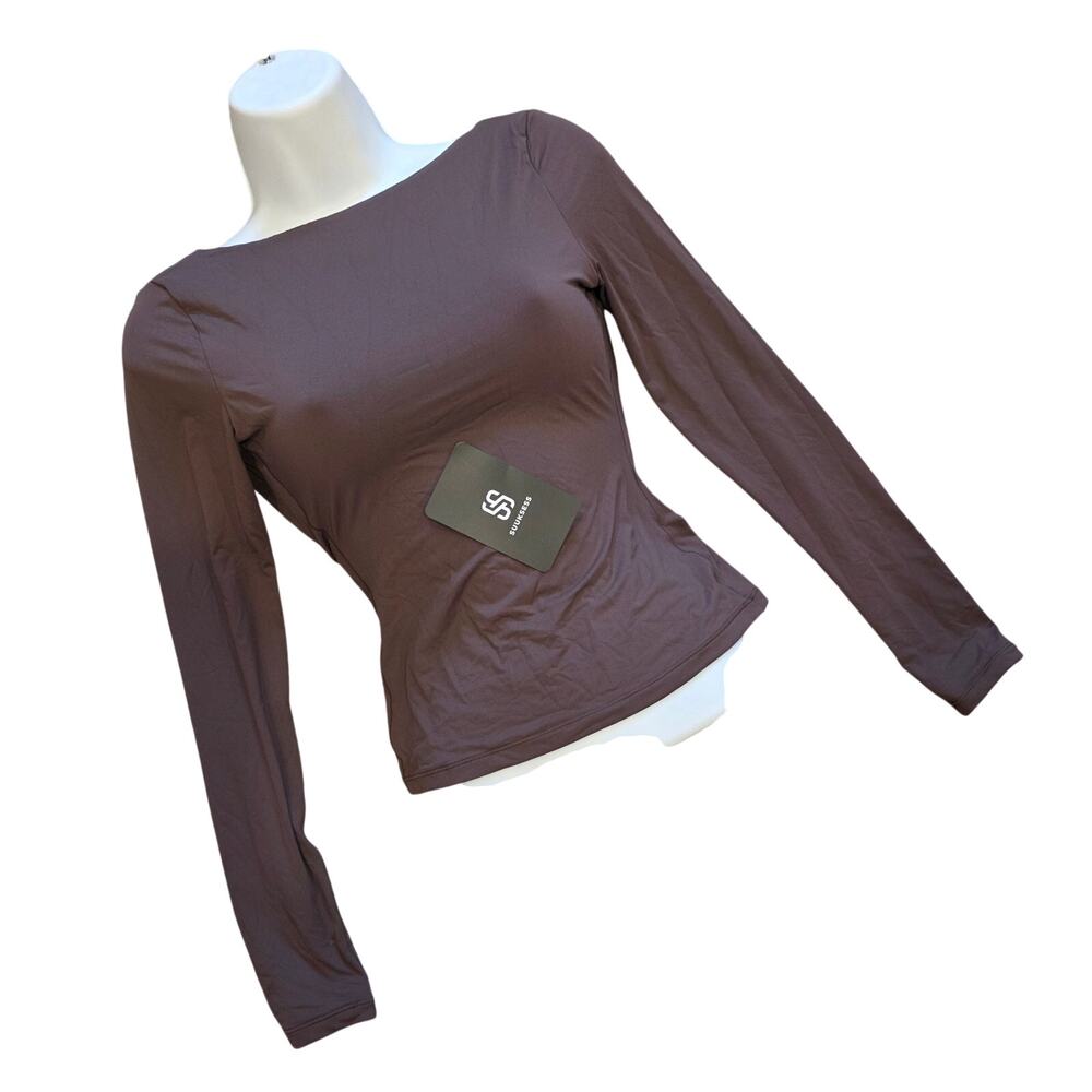 NWT Suuksess mocha form fitting long sleeve open back top sz XS